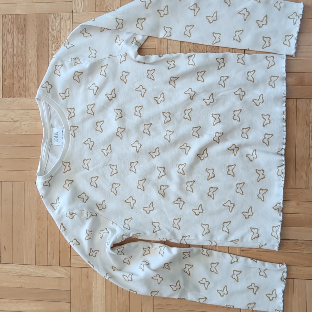 Zara girls size 10 off white/cream and gold butterfly long sleeve shirt